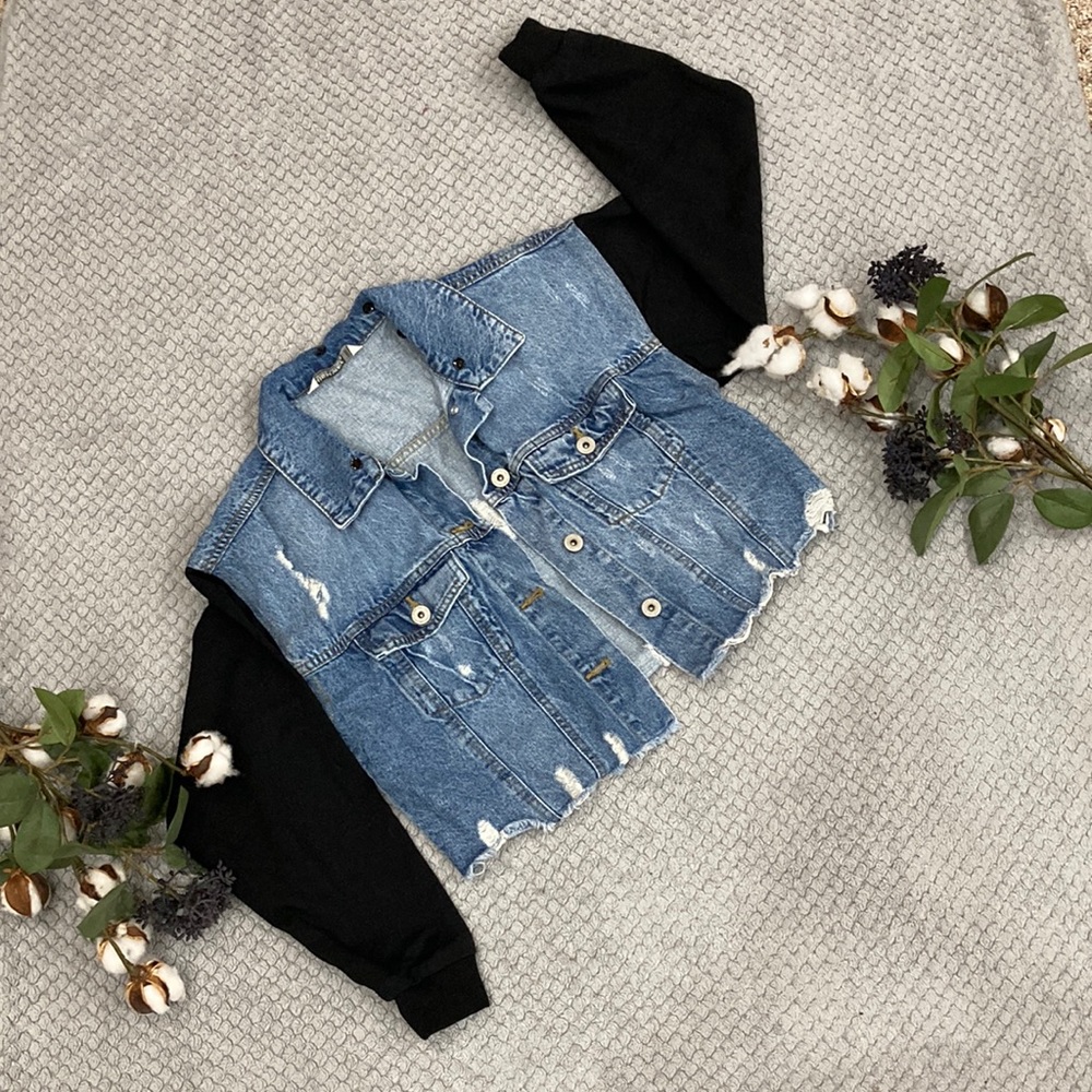 Highway brand distressed jean jacket. Black cotton sleeves. Size S
